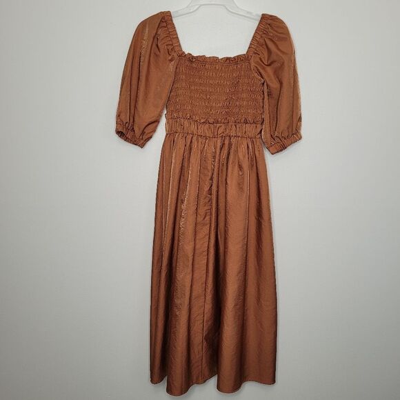 Moon river puff sleeve smocked midi burnt orange iridescent dress size medium - Picture 2 of 7